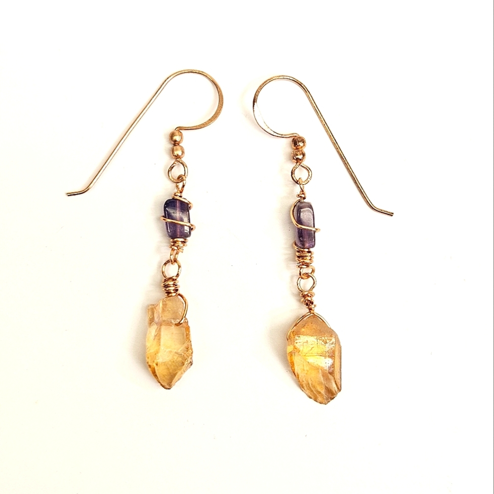 Yellow Crystal Point and Amethyst Wire Wrapped Earrings